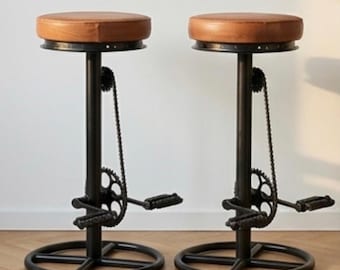 Set van 2 bruine barkrukken | Industriële hoogte van 75 cm | Ontwerp in de vorm van fietspedalen | Ronde zitting | Vaste voet | Keukeneilandstoelen