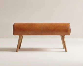 Leather Look Bench, Mid Century Modern Hallway Bench, Bedroom Seating, Entryway Foyer Bench, Cognac Brown Ottoman Stool