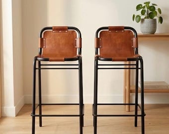 Set of 2 Bar Stools | 76cm 29.9" Seat Height | Brown and Black High Chair | Modern Industrial Counter Seating | Kitchen Furniture