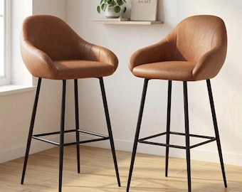 Juego de 2 taburetes de bar | Altura del asiento: 66 cm (26") | Silla de mostrador marrón con respaldo | Asientos para isla de cocina | Muebles modernos minimalistas