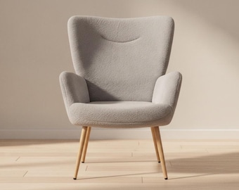 Lichtgrijze accentstoel, mid-century moderne fauteuil met hoge rugleuning, leesstoel voor de woonkamer, comfortabele loungestoel voor thuis, housewarming cadeau