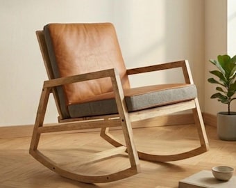 Handgemaakte houten schommelstoel | Mid-century moderne schommelstoel voor de kinderkamer | Minimalistische loungestoel | Elegante beige schommelstoel voor thuis