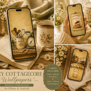 May include: A collection of cozy cottagecore wallpapers for iPhone and Android. The images feature vintage kitchen scenes with baking utensils, mugs, and flowers. The text on the phone screens reads "Bake with Love" and "Happiness is homemade."