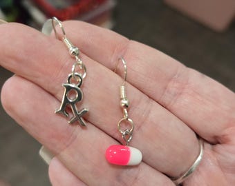 Mismatched RX Pill Earrings – Pink White Capsule Jewelry