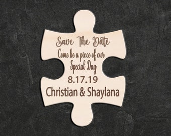 Puzzle piece save the date magnet. Rustic wooden wedding announcement. Puzzle piece wedding invitation. Wood engagement announcement magnet.