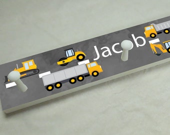 Personalized Coat Rack for Kids, Construction, Peg Rack, Towel Rack, Nursery Decor, Bedroom Decor, Coat Hook, Towel Hook