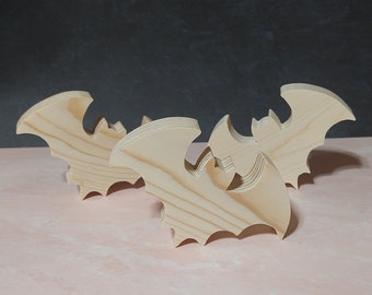 3 unfinished wood bat cutouts. Standing wooden bat shape. Unfinished wood Halloween cutout. DIY tier tray. Unpainted kids crafts. Wood Blank