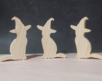 3 unfinished wood cat cutouts. Standing wooden cat shape. Black cat Halloween cutout. DIY tier tray. Unpainted kids crafts. Wood Blank