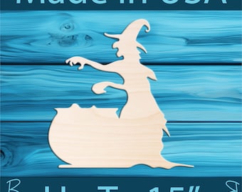 Unfinished wood witch cutout shape. Laser cut wooden Halloween craft. Paint n Sip party activity. DIY tier tray door signs. Kids wood craft