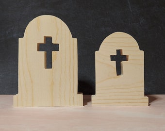 unfinished wood tombstone, wooden gravestone, wooden Halloween tier tray cutouts, DIY Halloween shape, Unfinished Halloween cutout