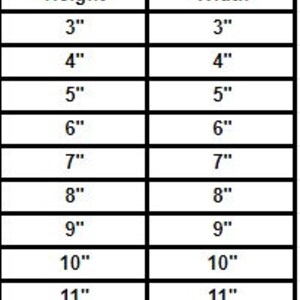 May include: A table showing the height and width measurements in inches for square-shaped items, ranging from 3 inches to 11 inches.