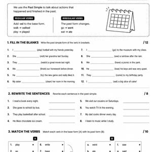 May include: A black and white worksheet titled "PAST SIMPLE" with grammar exercises. The worksheet includes fill-in-the-blanks, sentence rewriting, and verb matching activities. A calendar icon is in the upper right corner.