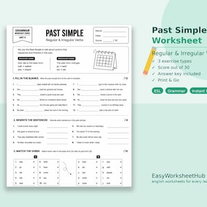 Op de afbeelding: Een wit werkblad getiteld "Past Simple Worksheet" met oefeningen over regelmatige en onregelmatige werkwoorden. Het werkblad bevat invuloefeningen, het herschrijven van zinnen en werkwoord-matching-activiteiten. Het werkblad is ontworpen voor ESL-grammaticatraining.