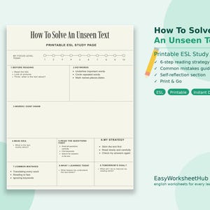 May include: Printable ESL study page titled "How To Solve An Unseen Text." The page features a 6-step reading strategy, common mistakes guide, and self-reflection section. The design includes a focus level scale and sections for keywords and main ideas. The page is designed for ESL learners.