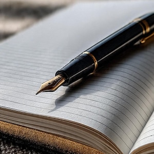 May include: A black fountain pen with gold accents rests on an open notebook with lined pages. The pen's nib is gold-colored, and the notebook has a brown leather-bound cover. The image is a close-up shot, highlighting the details of the writing tools.
