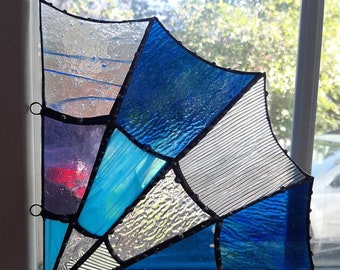 Stained glass spiderweb corner, stained glass art, window decoration, web suncatcher, Halloween, spiderweb corner, studded gothic decor