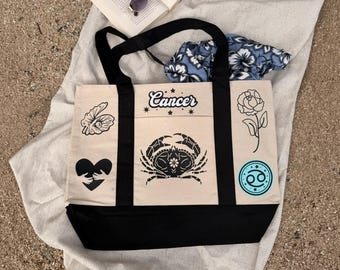Cancer Zodiac Tote Bag | Oversized Canvas Bag with Celestial Star Print | June & July Birthday Gift for Her | Astrology Gift