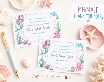 Tarjetas de agradecimiento imprimibles con temática de sirenas para fiestas bajo el mar