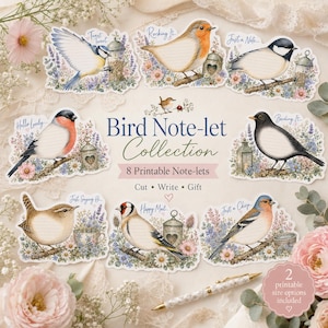 Może przedstawiać: Kolekcja ośmiu kartek do druku z ilustracjami różnych ptaków siedzących na gałęziach z kwiatami i karmnikami. Tekst głosi Bird Note-let Collection, 8 Printable Note-lets, Cut, Write, Gift, oraz 2 printable size options included.