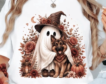 Witch Ghost German Shepherd Halloween PNG, Floral Autumn Dog Mom Design (Digital Download)