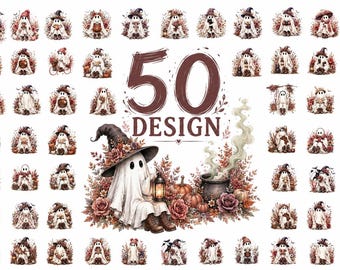 Halloween Ghost PNG Bundle - 50 Watercolor Witch Ghost Designs