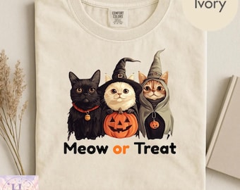 Halloween Cat Shirt | Comfort Colors Meow or Treat Funny Tee, Cat Lover