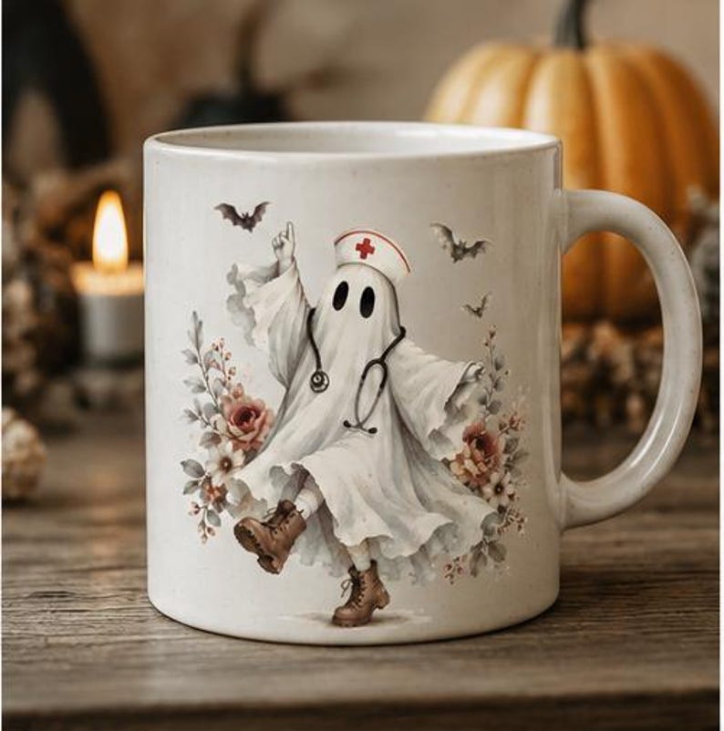 May include: A white ceramic mug featuring a graphic of a ghost dressed as a nurse, complete with a stethoscope and a nurse cap with a red cross. The ghost is surrounded by floral accents and small bats, wearing brown lace-up boots.