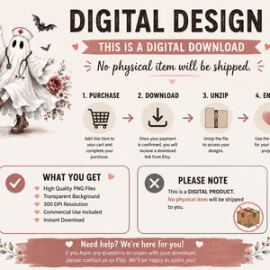 May include: A digital design listing featuring a ghost dressed as a nurse with a stethoscope, surrounded by bats and roses. The text includes instructions for purchase, download, and unzip, along with details about high-quality PNG files.