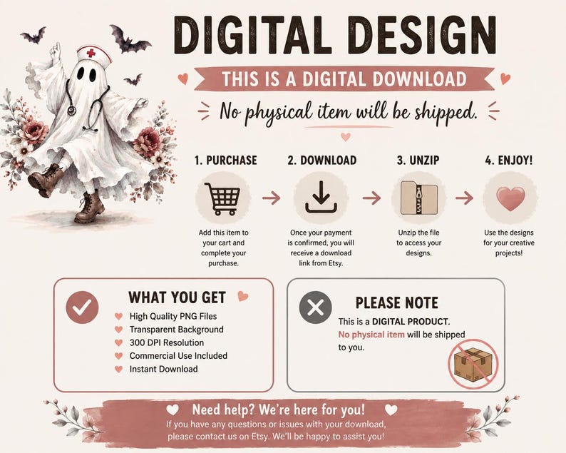 May include: A digital design listing featuring a ghost dressed as a nurse with a stethoscope, surrounded by bats and roses. The text includes instructions for purchase, download, and unzip, along with details about high-quality PNG files.