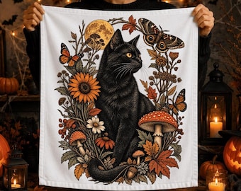 Black Cat Autumn Floral PNG, Boho Fall Design (Digital Download)