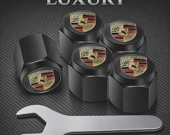 5 Pcs Porsche Black Valve Aluminium Stem Caps with Coloured Crest Set New