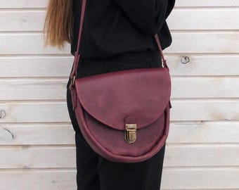 Burgundy Leather Half Moon Shoulder Messenger Bag Women
