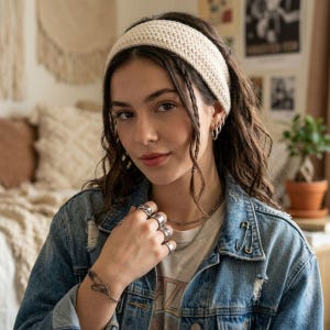 May include: A cream-colored, wide-band headband. The headband is made of a knitted material. The person is wearing a denim jacket and multiple silver rings and necklaces. The background includes a plant and wall art.