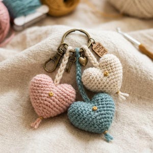 May include: A handmade keychain with three crocheted heart charms in pink, off-white, and teal. The keychain has a bronze-coloured clasp and a small tag that says "MADE WITH LOVE". Each heart has a small gold-coloured accent.