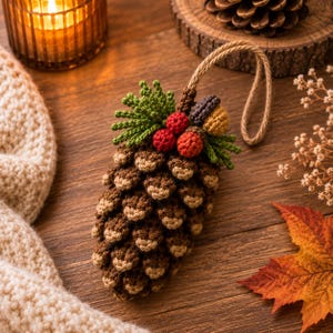 May include: A crocheted pinecone ornament featuring brown yarn scales with tan tips, topped with green pine needles, three red berries, and a small acorn. A tan jute twine loop is attached to the top for hanging, creating a textured, handcrafted decoration.