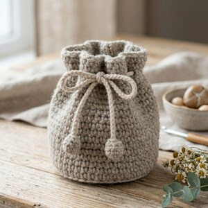 Op de afbeelding: Een gehaakte tas met trekkoord in een neutrale beige kleur. De tas heeft een afgeronde vorm met een aangetrokken bovenkant en een decoratieve strik. Twee kleine pompons zijn aan het trekkoord bevestigd.