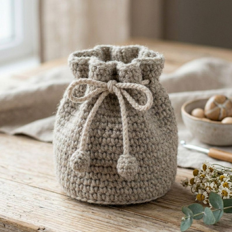 Op de afbeelding: Een gehaakte tas met trekkoord in een neutrale beige kleur. De tas heeft een afgeronde vorm met een aangetrokken bovenkant en een decoratieve strik. Twee kleine pompons zijn aan het trekkoord bevestigd.