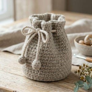 Op de afbeelding: Een beige gehaakte tas met trekkoord. De tas heeft een afgeronde vorm met een dichtgetrokken bovenkant, vastgebonden met een bijpassend koord en twee decoratieve pompons. De tas staat op een houten oppervlak.