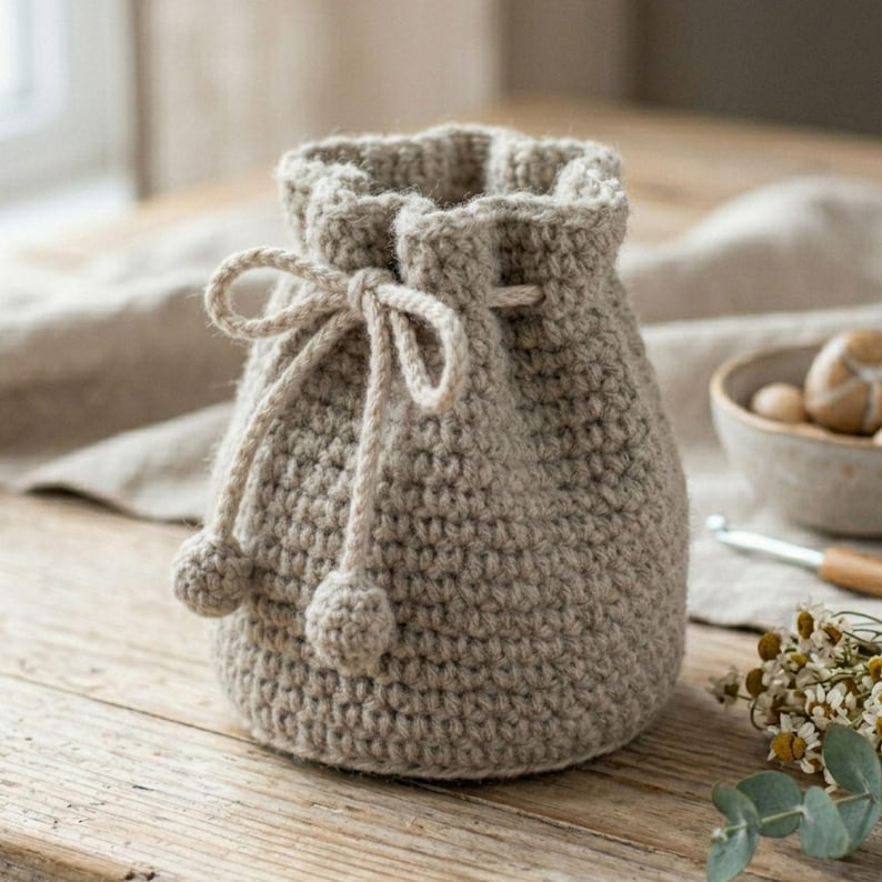 Op de afbeelding: Een beige gehaakte tas met trekkoord. De tas heeft een afgeronde vorm met een dichtgetrokken bovenkant, vastgebonden met een bijpassend koord en twee decoratieve pompons. De tas staat op een houten oppervlak.