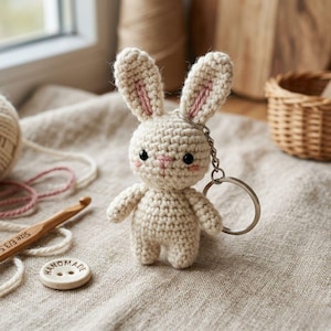 May include: A crocheted bunny keychain in cream with pink inner ears and rosy cheeks. The handmade bunny has black eyes and a silver keyring. A wooden crochet hook and a button with "HANDMADE" are also visible.