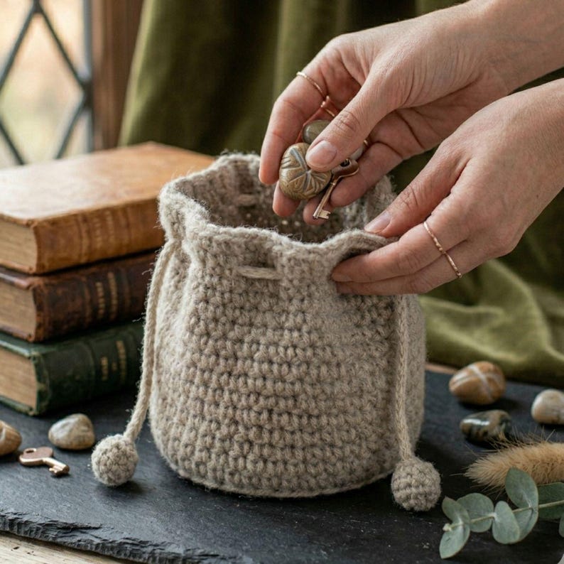 Op de afbeelding: Een beige gehaakte zak met trekkoord en ronde bodem. De zak wordt door handen opengehouden, met kleine decoratieve sleutels en stenen. De achtergrond omvat oude boeken en een donker oppervlak.