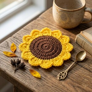 Crochet Flower Coaster Pattern, Beginner Sunflower Mug Rug Tutorial, Digital Flowerpot Gift