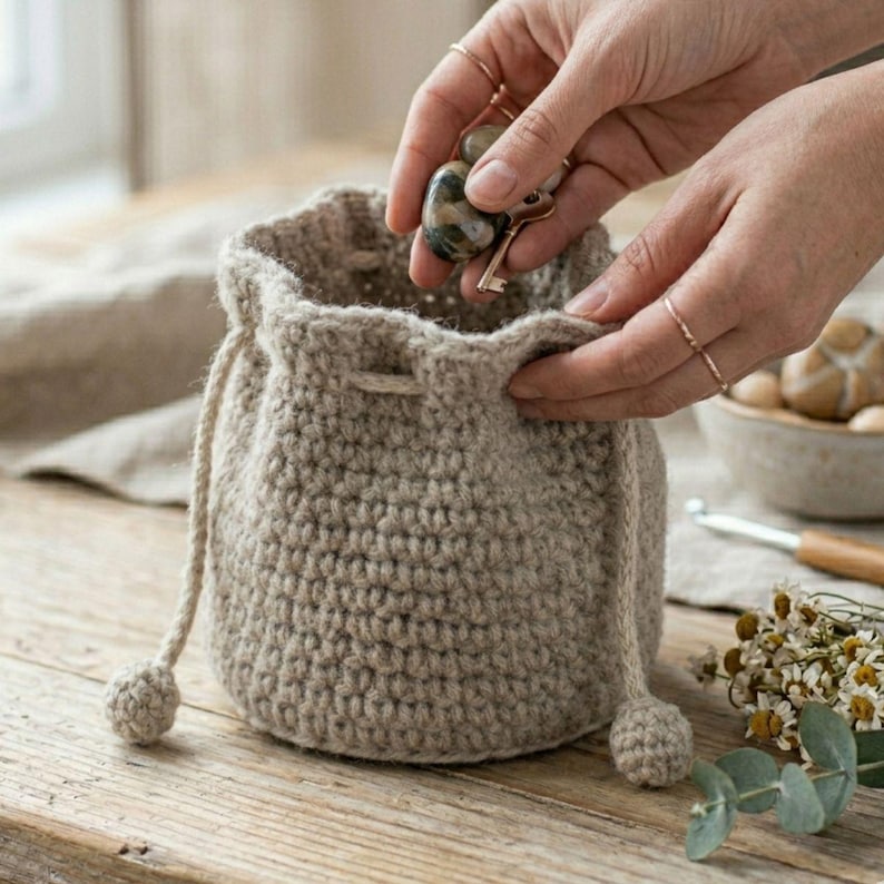 Op de afbeelding: Een beige gehaakte tas met trekkoord en een afgeronde vorm. De tas heeft een textuur en een trekkoordsluiting. De tas wordt door een persoon vastgehouden. De tas heeft een kleine bal aan het einde van elk trekkoord.