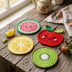 Könnte beinhalten: Ein Set aus vier runden, gehäkelten Untersetzern mit Fruchtdesign: eine rosa-grüne Wassermelonenscheibe, eine gelbe Zitronenscheibe, ein roter Apfel mit lächelndem Gesicht und grünen Blättern sowie eine grüne Kiwischeibe mit weißem Kern.