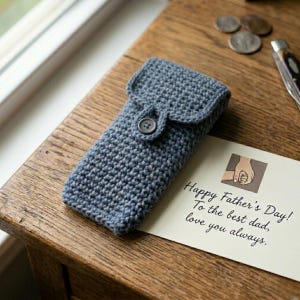 May include: A slate blue crocheted pouch with a flap closure secured by a single matching button. Next to the pouch is a white card with a graphic of two hands holding and the text: Happy Father's Day! To the best dad, love you always.