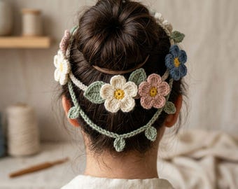 Gehaakt patroon met wilde bloemenkroon, boho bloemenhoofdband, haaraccessoire bloemen, madeliefjezendspoel, digitale download