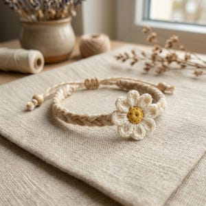 May include: A handmade bracelet featuring a braided, natural-toned cord. The bracelet is adorned with a crocheted daisy flower with a yellow center and white petals. The bracelet is displayed on a neutral-colored linen surface.