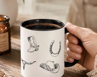 Taza de café estilo western (325 ml) / Sombrero de vaquero, herradura, cráneo de cuernos largos