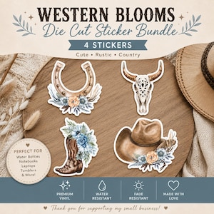 Pode incluir: Um conjunto de quatro autocolantes recortados com ilustrações de temática Western: uma ferradura, um crânio de boi, uma bota de cowboy e um chapéu de cowboy, decorados com arranjos florais em tons de azul e pêssego.