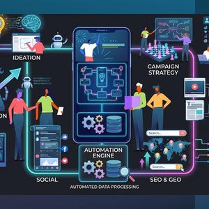 May include: An infographic illustrating digital marketing processes. It features icons and text labels such as "Ideation," "Optimization," "Analytics," "Social," "Automation Engine," "SEO & Geo," "Campaign Strategy," "Audience," "Content," and "Channel Planning."